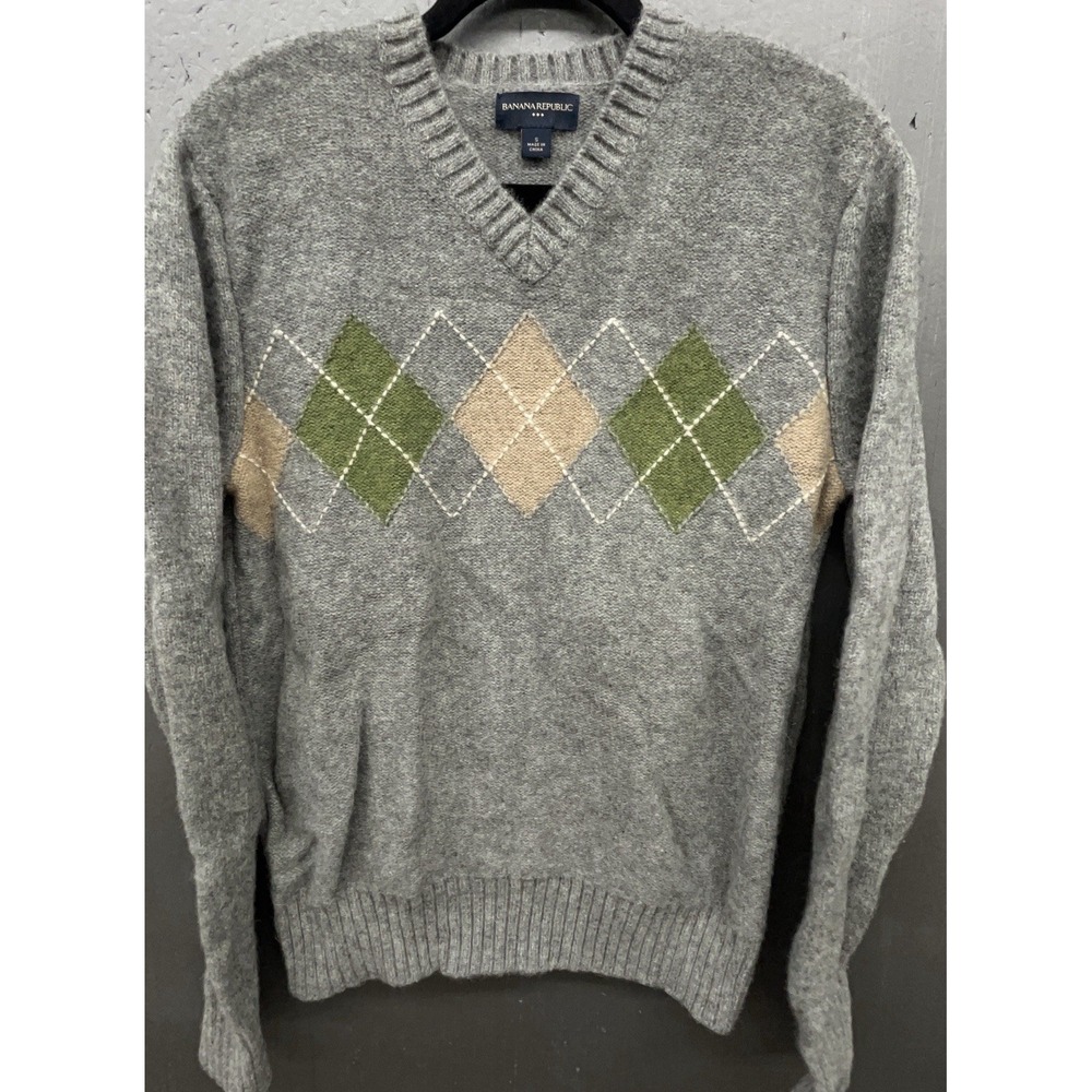 Banana Republic Wool Sweater Men S‎ Gray Argyle V Neck Pullover Preppy Academia